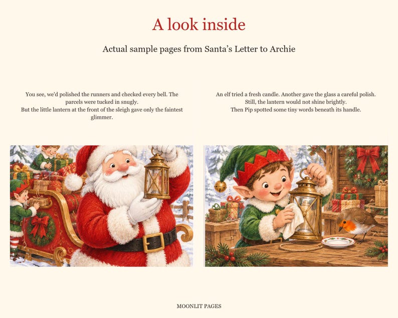 A look inside: Santa holds the little lantern on his sleigh while an elf and Pip the robin help to make it shine.