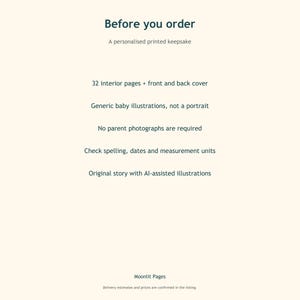 Before you order: 32 interior pages with front and back cover, generic baby illustrations, no photos required, please check spelling and dates