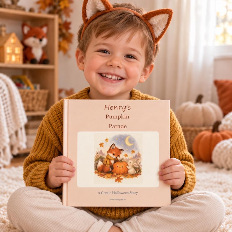 Smiling toddler sitting with his personalised Halloween storybook – custom name pumpkin story and toddler Halloween gift