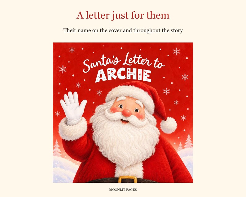 A letter just for them: the child's name on the red cover of the personalised Santa letter book and throughout the Christmas story.