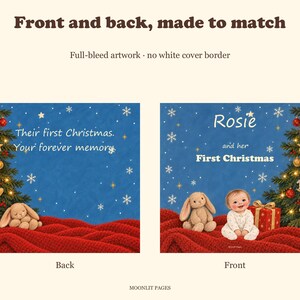 Front and back covers of the personalised first Christmas book: the front shows the child's name, the back reads Their first Christmas, Your forever memory.
