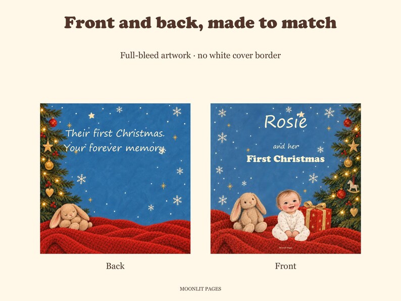 Front and back covers of the personalised first Christmas book: the front shows the child's name, the back reads Their first Christmas, Your forever memory.