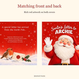 Matching front and back covers: Santa waving on the front, and a robin with a sealed letter from the North Pole on the back of the personalised Christmas book.
