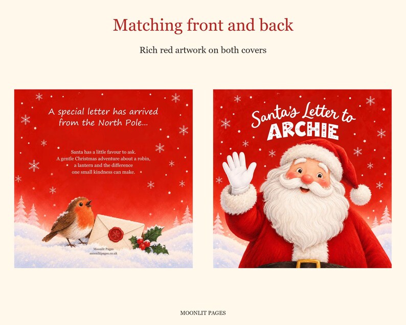 Matching front and back covers: Santa waving on the front, and a robin with a sealed letter from the North Pole on the back of the personalised Christmas book.