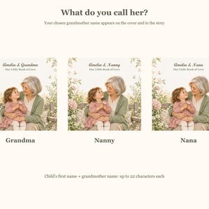 Three sample covers read Amelia & Grandma, Amelia & Nanny and Amelia & Nana, showing how the grandmother name can be personalised on the same floral book design.