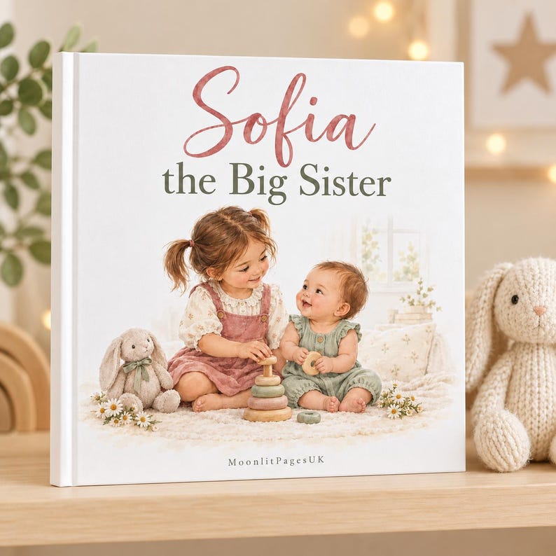 Personalised big sister book – custom name 'Sofia the Big Sister' storybook with an illustrated big sister and new baby, a promoted to big sister gift