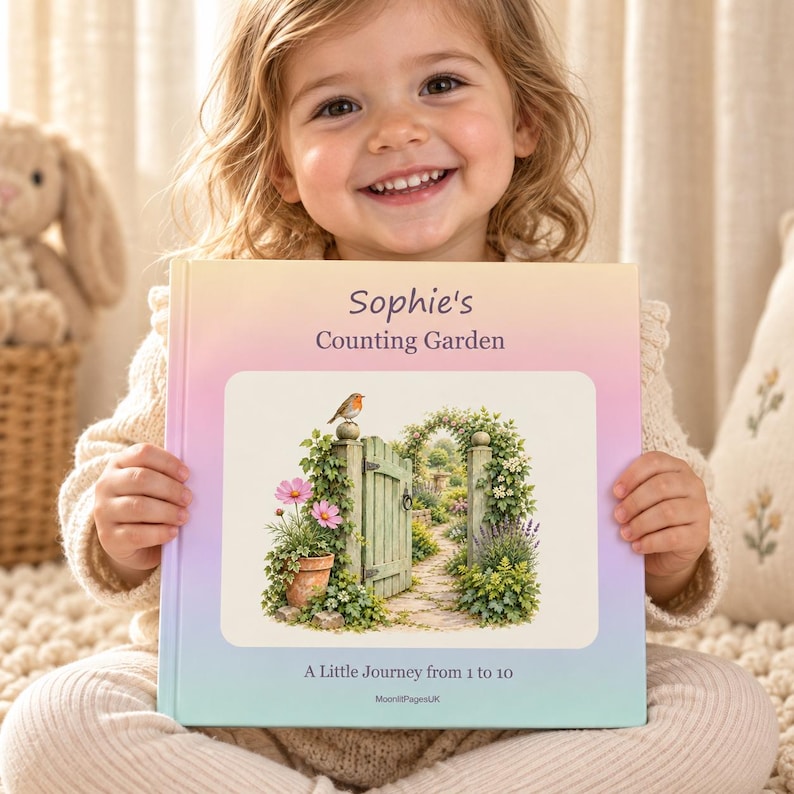 Personalised counting book for toddlers – little girl holding a custom name counting garden book, a first or second birthday gift