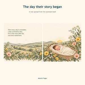 Example spread The day their story began, a newborn in a basket among wildflowers with a personalised verse