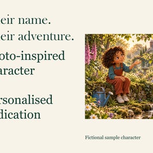 May include: A digital illustration featuring a child with curly hair wearing brown overalls and a blue shirt, sitting on a stone wall in a garden with a blue watering can, flowers, and a bird. Text reads: Their name. Their adventure. Photo-inspired character. Personalised dedication. Fictional sample character.