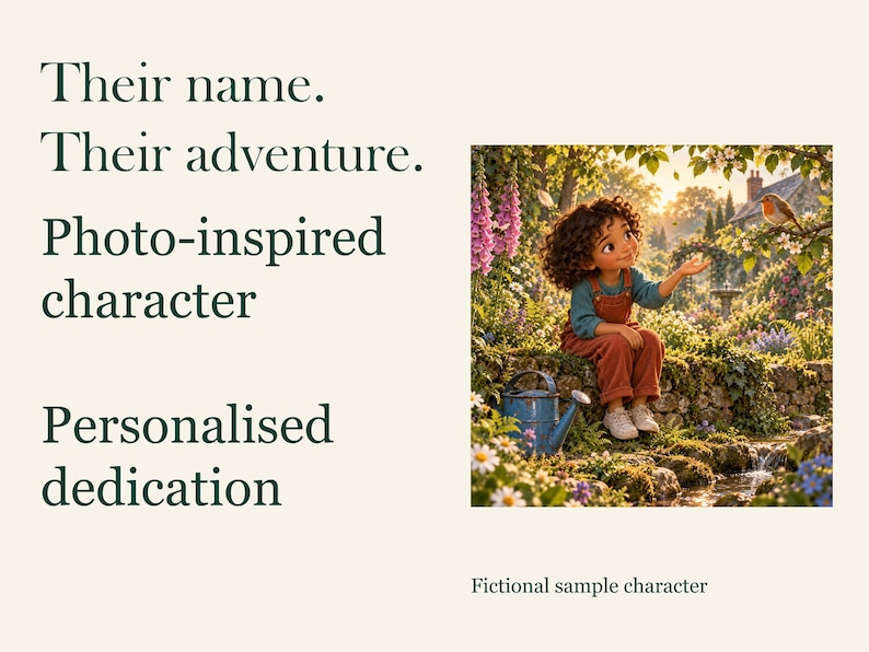 May include: A digital illustration featuring a child with curly hair wearing brown overalls and a blue shirt, sitting on a stone wall in a garden with a blue watering can, flowers, and a bird. Text reads: Their name. Their adventure. Photo-inspired character. Personalised dedication. Fictional sample character.