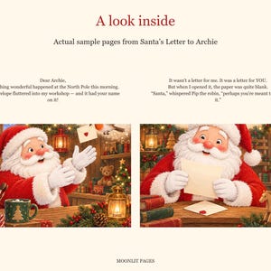A look inside the personalised Christmas story: Santa reads a letter in his cosy North Pole workshop, with Pip the robin nearby.