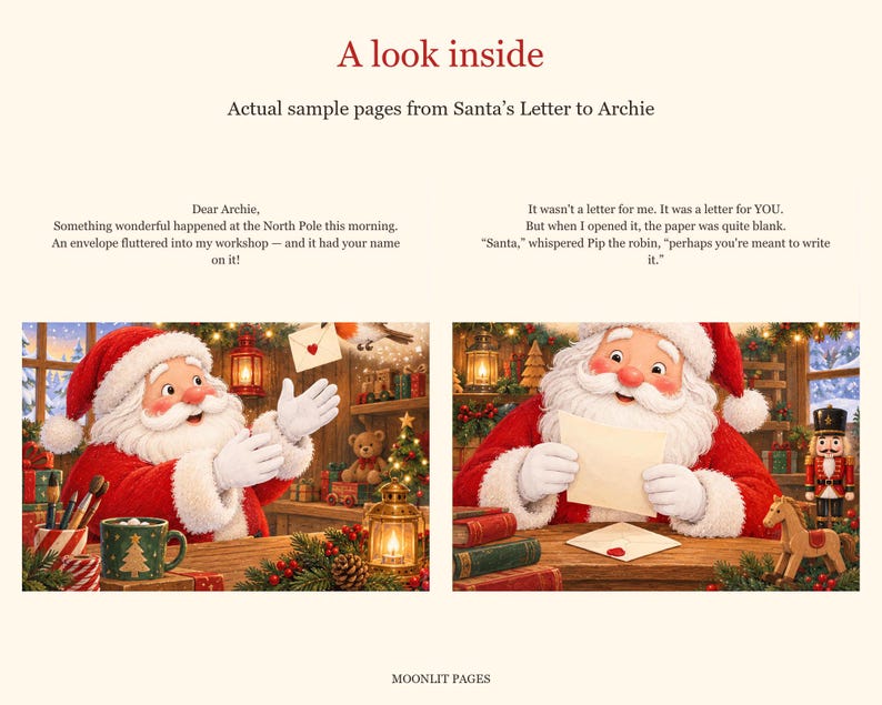 A look inside the personalised Christmas story: Santa reads a letter in his cosy North Pole workshop, with Pip the robin nearby.