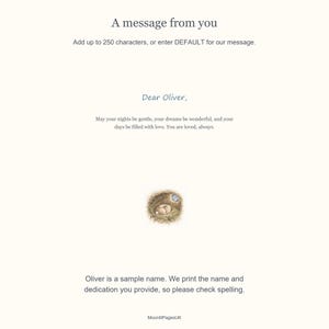 Sample dedication page addressed to Oliver, with a sleeping watercolour rabbit and a message wishing gentle nights, wonderful dreams and days filled with love.