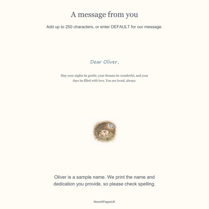 Sample dedication page addressed to Oliver, with a sleeping watercolour rabbit and a message wishing gentle nights, wonderful dreams and days filled with love.