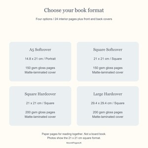 Four formats: A5 softcover 14.8 by 21 cm, square softcover and hardcover 21 by 21 cm, and large hardcover 29.4 by 29.4 cm. Each has 24 interior pages plus covers.