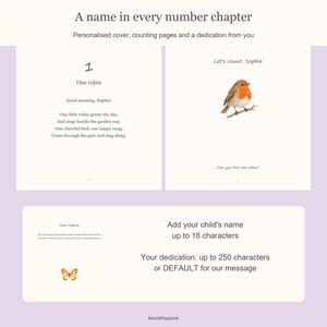 Actual pages show one robin, a rhyme addressed to Sophie and a dedication with a butterfly. The guide explains a name of up to 18 characters and dedication of up to 250 characters or DEFAULT.