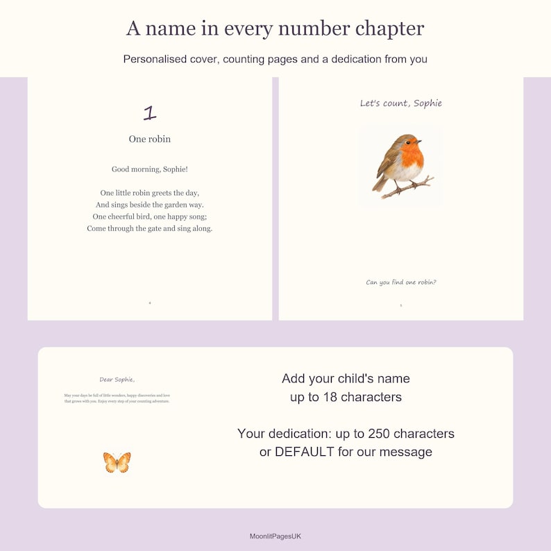 Actual pages show one robin, a rhyme addressed to Sophie and a dedication with a butterfly. The guide explains a name of up to 18 characters and dedication of up to 250 characters or DEFAULT.