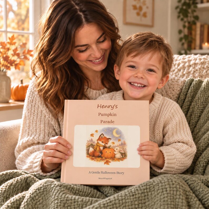 Grown-up and young boy sharing the square hardcover Henry's Pumpkin Parade book in a cosy autumn reading corner. Digital lifestyle mockup.