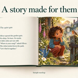 May include: An open children's storybook titled A story made for them. The left page features text about Oliver and a robin. The right page shows an illustration of a child with curly hair in brown overalls crouching by a garden gate with a robin.