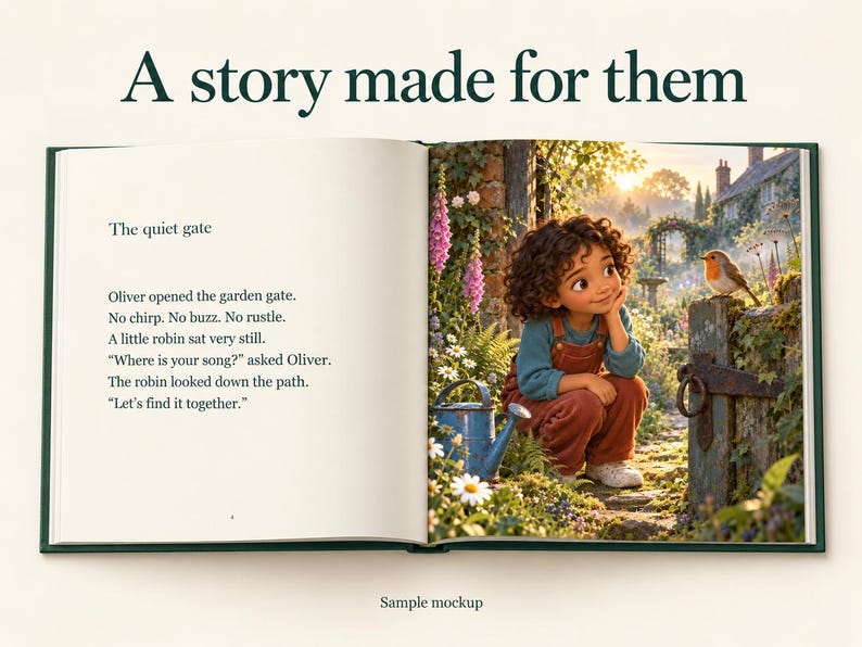 May include: An open children's storybook titled A story made for them. The left page features text about Oliver and a robin. The right page shows an illustration of a child with curly hair in brown overalls crouching by a garden gate with a robin.