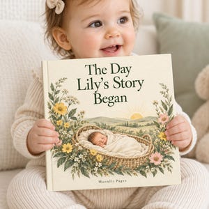 Smiling baby holding a personalised birth keepsake book titled The Day Lily's Story Began, with a newborn in a flower basket on the cover