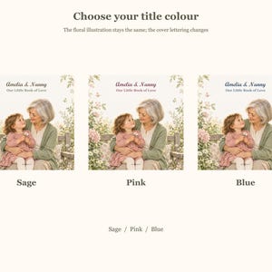Three Amelia & Nanny covers show Sage, Pink and Blue lettering options. The cream floral illustration stays the same while the cover title colour changes.