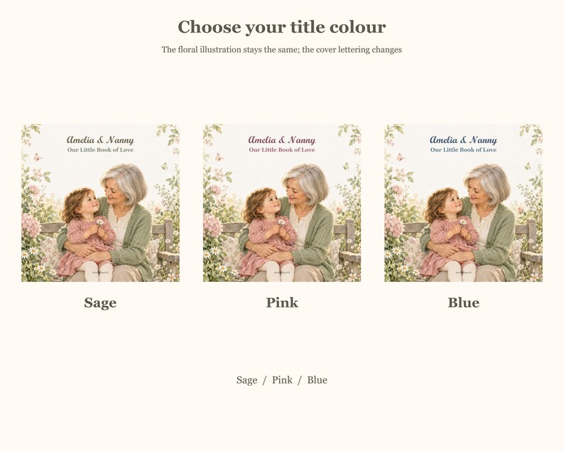 Three Amelia & Nanny covers show Sage, Pink and Blue lettering options. The cream floral illustration stays the same while the cover title colour changes.