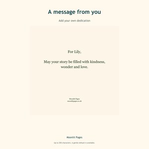 Personalised dedication page in the birth keepsake book with your own message for the baby