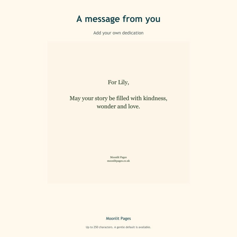 Personalised dedication page in the birth keepsake book with your own message for the baby