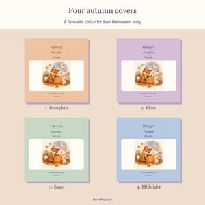 Four cover colours for Henry's Pumpkin Parade: Pumpkin, Plum, Sage and Midnight. All show the same fox, rabbit and pumpkin artwork.