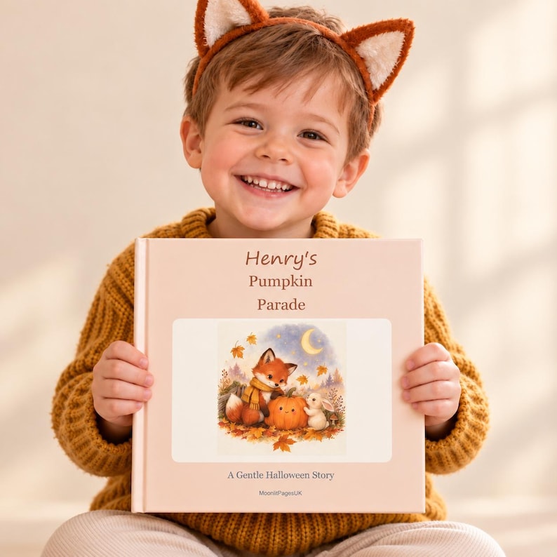 Personalised Halloween book for kids – toddler in fox ears holding a custom name pumpkin parade storybook, a boo basket stuffer