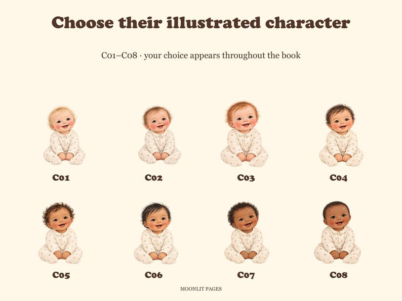 Eight illustrated baby character options, C01 to C08, with different skin tones and hair; the chosen character appears throughout the personalised Christmas book.