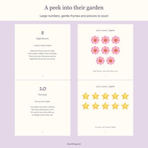 Four actual pages show eight flowers and ten stars, with large numerals, counting rhymes and Sophie's name. The illustrations show exactly eight blooms and ten golden stars.