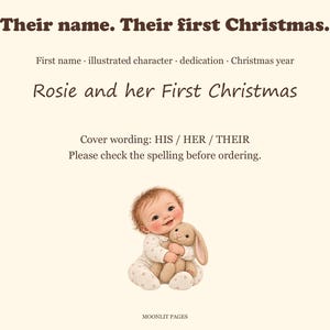 Personalised title page reading Rosie and her First Christmas, with the illustrated baby holding a soft toy bunny.