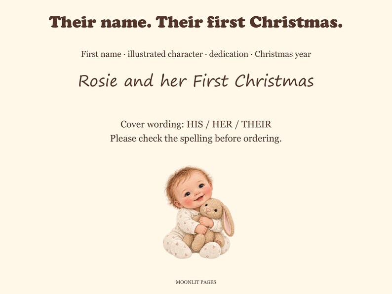 Personalised title page reading Rosie and her First Christmas, with the illustrated baby holding a soft toy bunny.
