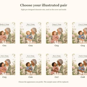 Eight illustrated child-and-grandmother pairs labelled C01 to C08, with different hair and skin colours. Each preview shows the floral cover used for that character option.