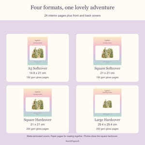 Four book options shown to compare shapes: A5 softcover 14.8 by 21 cm, square softcover and hardcover 21 by 21 cm, large hardcover 29.4 by 29.4 cm. Each contains 24 interior pages.