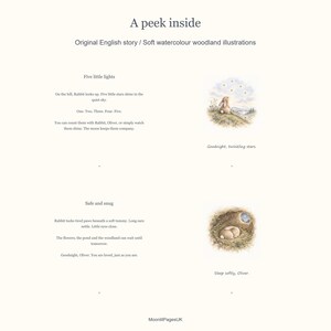 Four actual interior pages show the Five little lights and Safe and snug passages, a rabbit beneath five stars, and a rabbit asleep in its burrow. The sample name is Oliver.