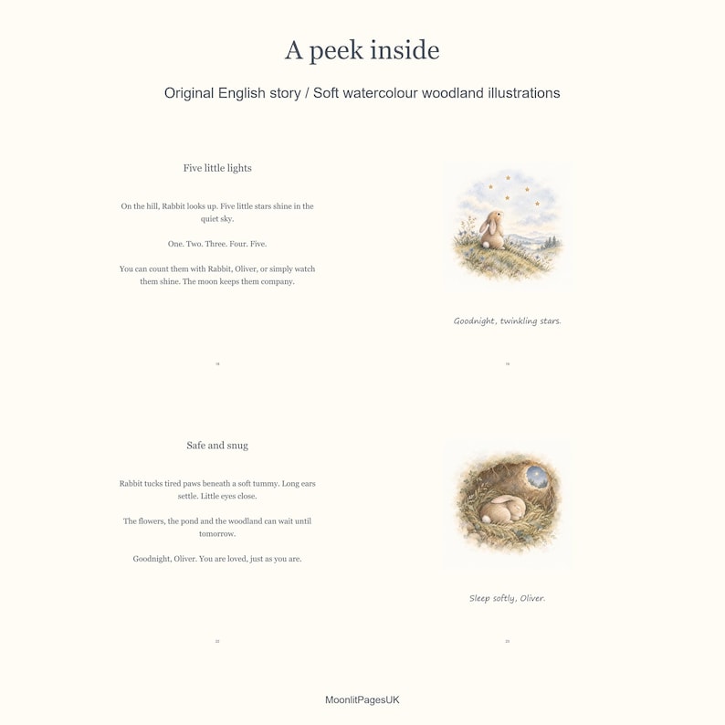 Four actual interior pages show the Five little lights and Safe and snug passages, a rabbit beneath five stars, and a rabbit asleep in its burrow. The sample name is Oliver.