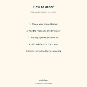 How to order the personalised birth keepsake book: choose a format, add first name and birth date, optional birth details and dedication