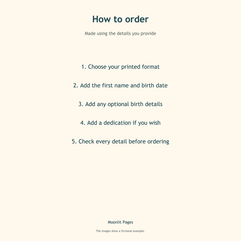 How to order the personalised birth keepsake book: choose a format, add first name and birth date, optional birth details and dedication