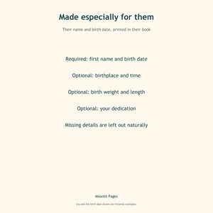 What you can personalise in the birth keepsake book: first name and birth date, optional birthplace, time, weight, length and dedication