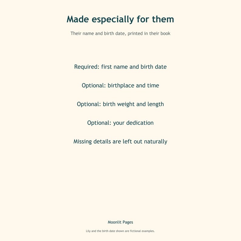 What you can personalise in the birth keepsake book: first name and birth date, optional birthplace, time, weight, length and dedication