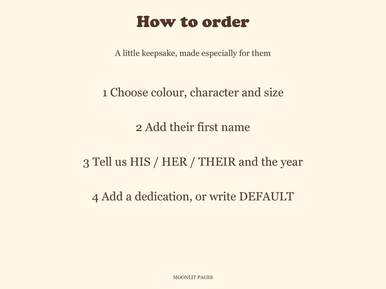 How to order the personalised baby Christmas book: choose colour, character and size, add the first name, choose HIS, HER or THEIR and the year, then add a dedication or write DEFAULT.