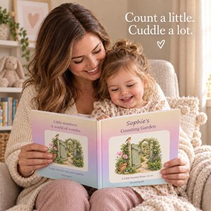 A parent and toddler share Sophie's Counting Garden in a softly lit nursery. The pastel multicoloured book is visible in their hands. Text reads Count a little. Cuddle a lot.
