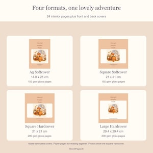 Format guide: A5 softcover 14.8 by 21 cm, square softcover and hardcover 21 by 21 cm, large hardcover 29.4 by 29.4 cm. 24 interior pages.