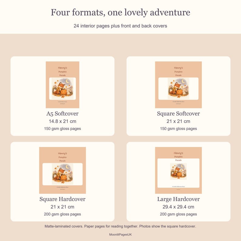Format guide: A5 softcover 14.8 by 21 cm, square softcover and hardcover 21 by 21 cm, large hardcover 29.4 by 29.4 cm. 24 interior pages.