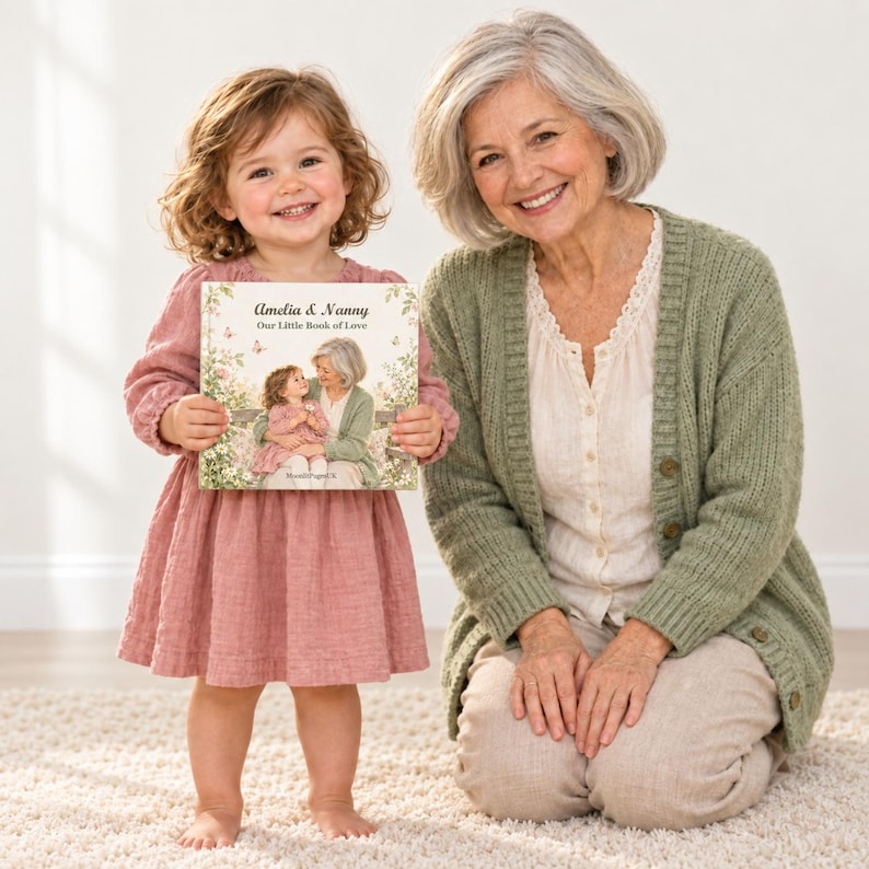 Personalised book for Grandma from grandchild – little girl holding a custom Nana storybook beside her grandmother, a birthday or Christmas gift for Grandma