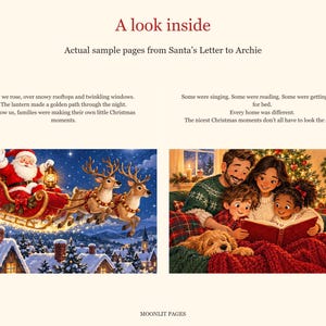 A look inside: Santa's sleigh and reindeer fly over snowy rooftops on Christmas Eve, and a family reads together by the Christmas tree.