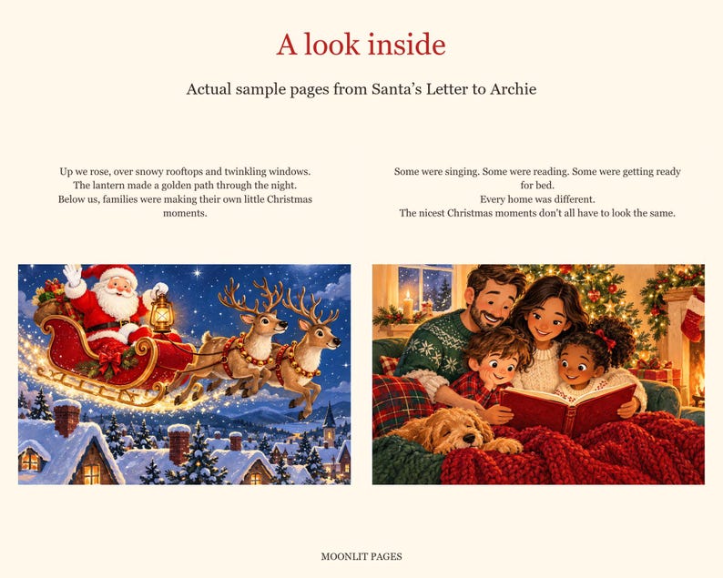 A look inside: Santa's sleigh and reindeer fly over snowy rooftops on Christmas Eve, and a family reads together by the Christmas tree.